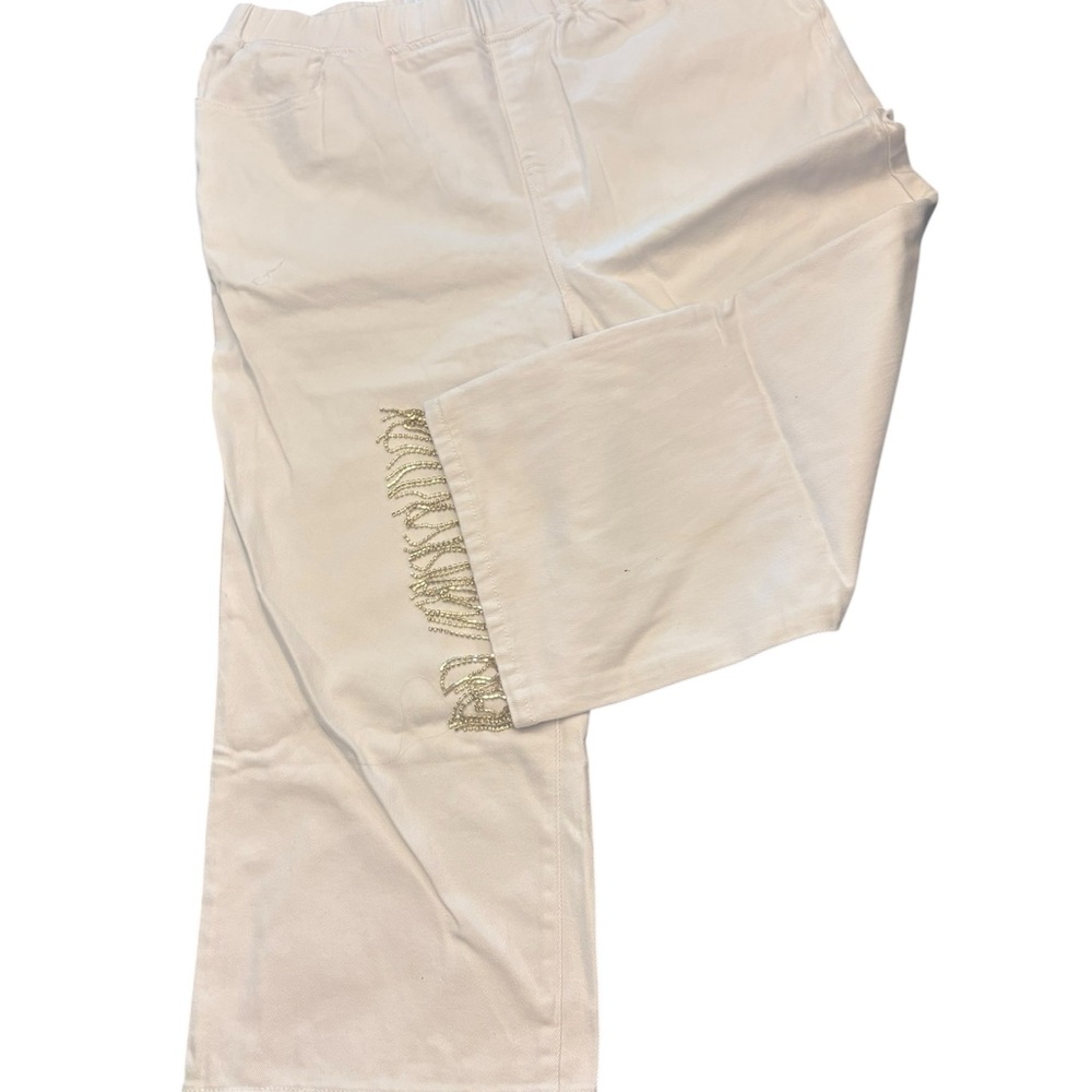 Parker & Rowe Pants Womens XL White Wide‎ Leg Cropped NEW Metallic Fringe